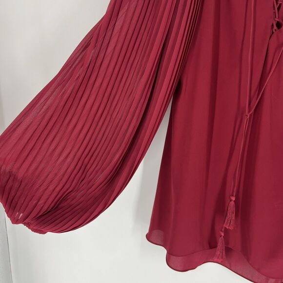 White House Black Market Top Size 6 Womens Red Semi Sheer Tassel Tie Lace Up - Picture 5 of 9